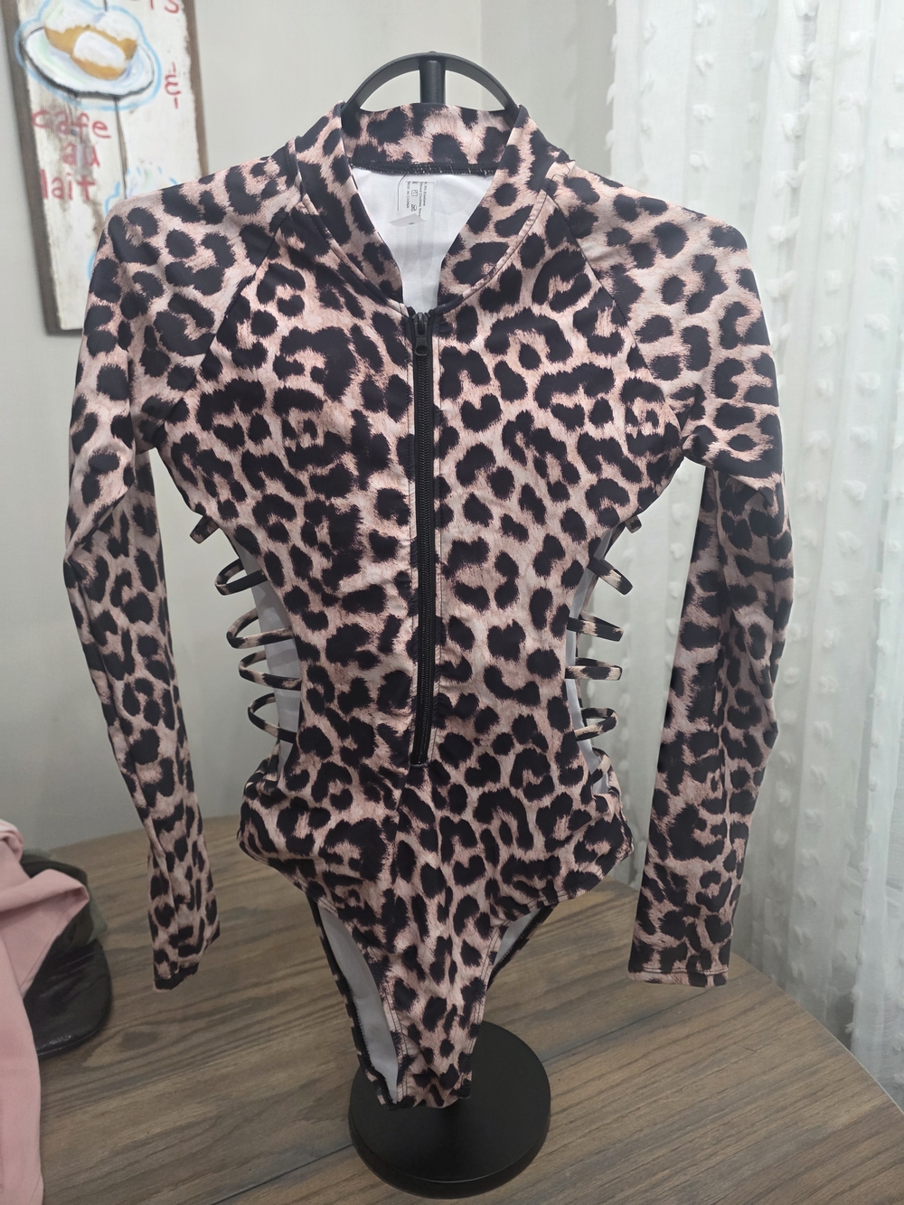 SHEIN  Leopard-Print Long-Sleeve One-Piece Swimsuit Nwt M